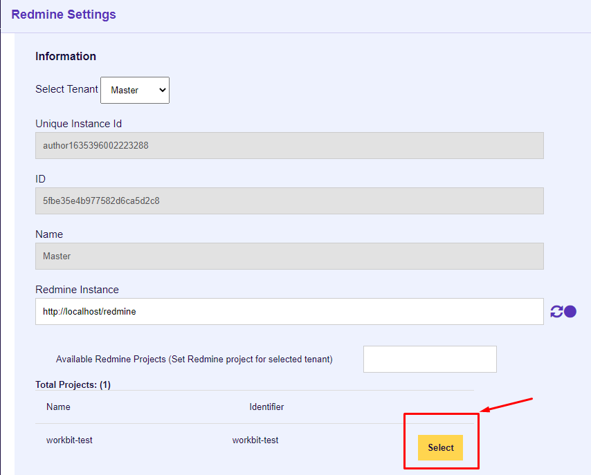 Selecting Redmine Project